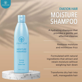 bottle of Ovation Moisture Shampoo on a bathroom shelf demonstrating daily use and stylish presentation