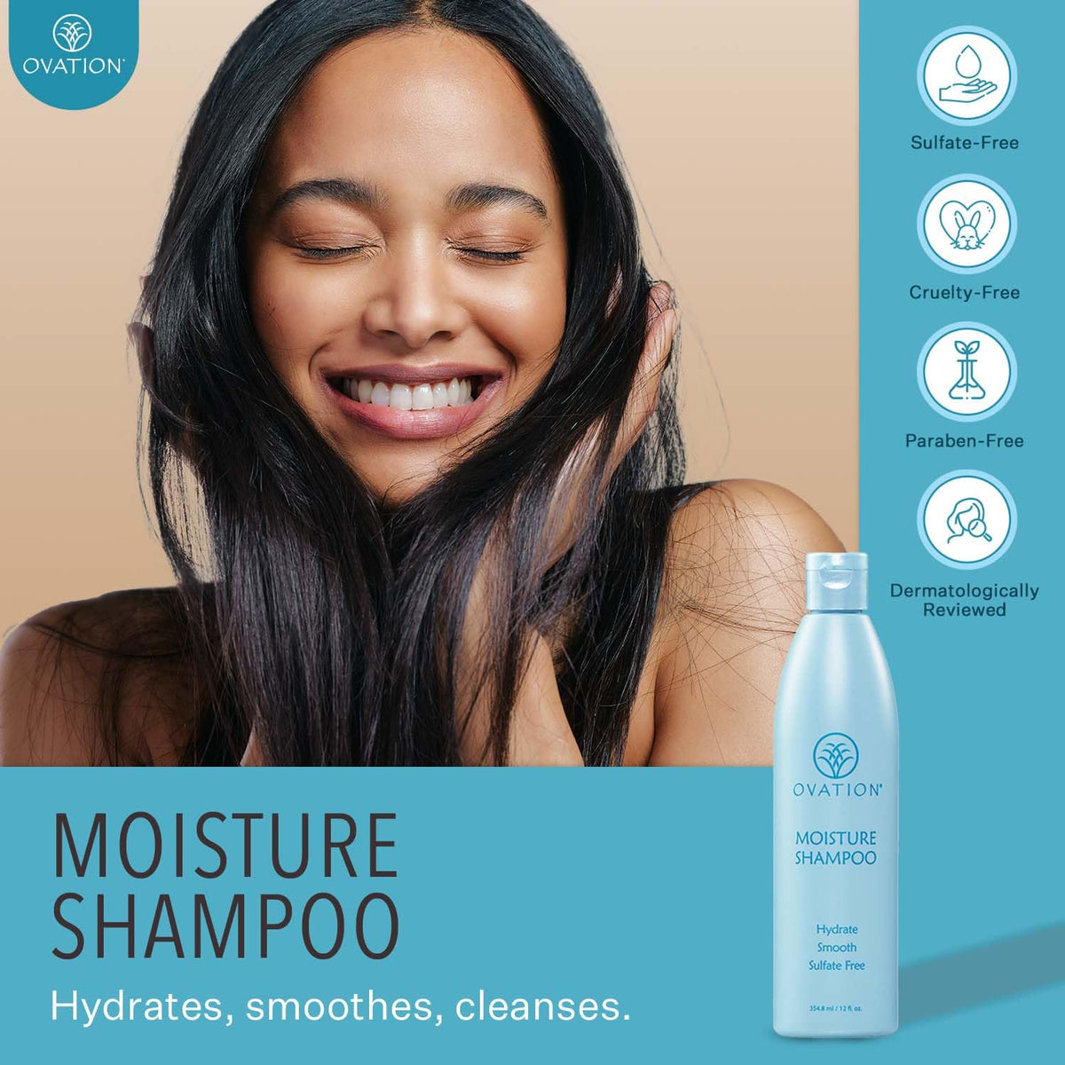 close-up of Ovation Moisture Shampoo pump and cap highlighting easy dispensing and salon convenience