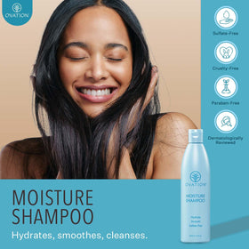 close-up of Ovation Moisture Shampoo pump and cap highlighting easy dispensing and salon convenience
