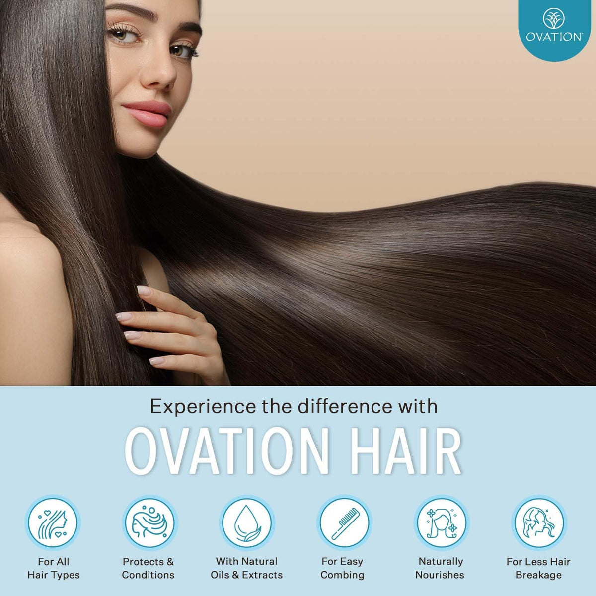 Ovation Hair back panel close-up showing ingredients and usage instructions