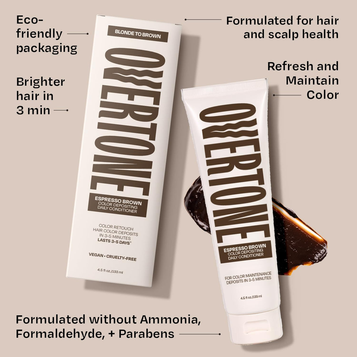 oVertone conditioner spread on hair strand for visible color deposit