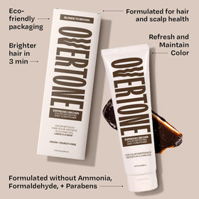 oVertone conditioner spread on hair strand for visible color deposit