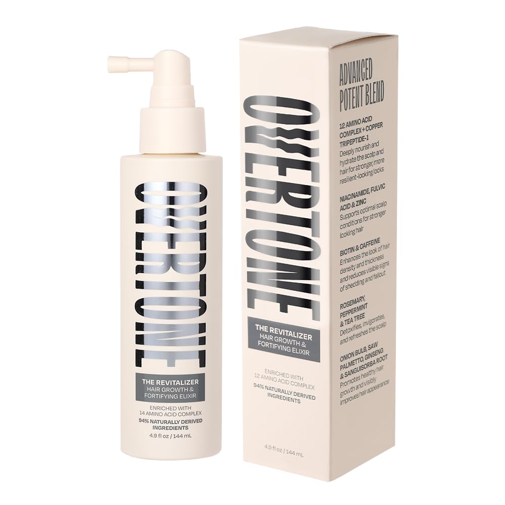 oVertone Revitalizer size comparison 144 mL bottle beside common items to show scale