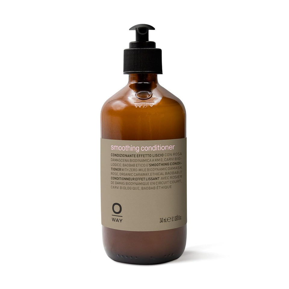 OWAY smoothing conditioner front bottle shows sleek packaging and smoothing benefit