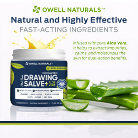 Owell Naturals botanicals displayed with chickweed and aloe vera highlighting natural ingredients