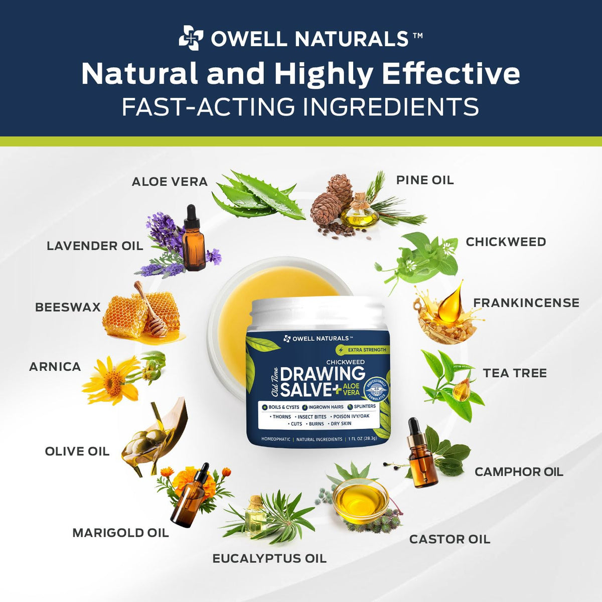 Owell Naturals jar beside a coin showing product size and portable first-aid convenience