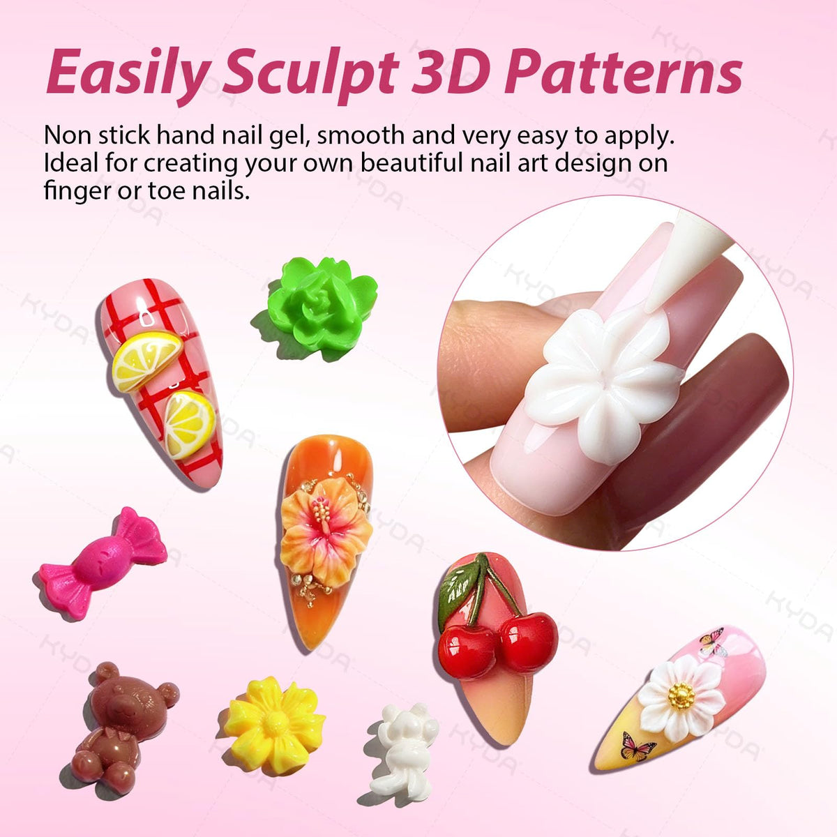 Ownest KYDA 3D flower detail on nail showcasing sculpting precision benefit