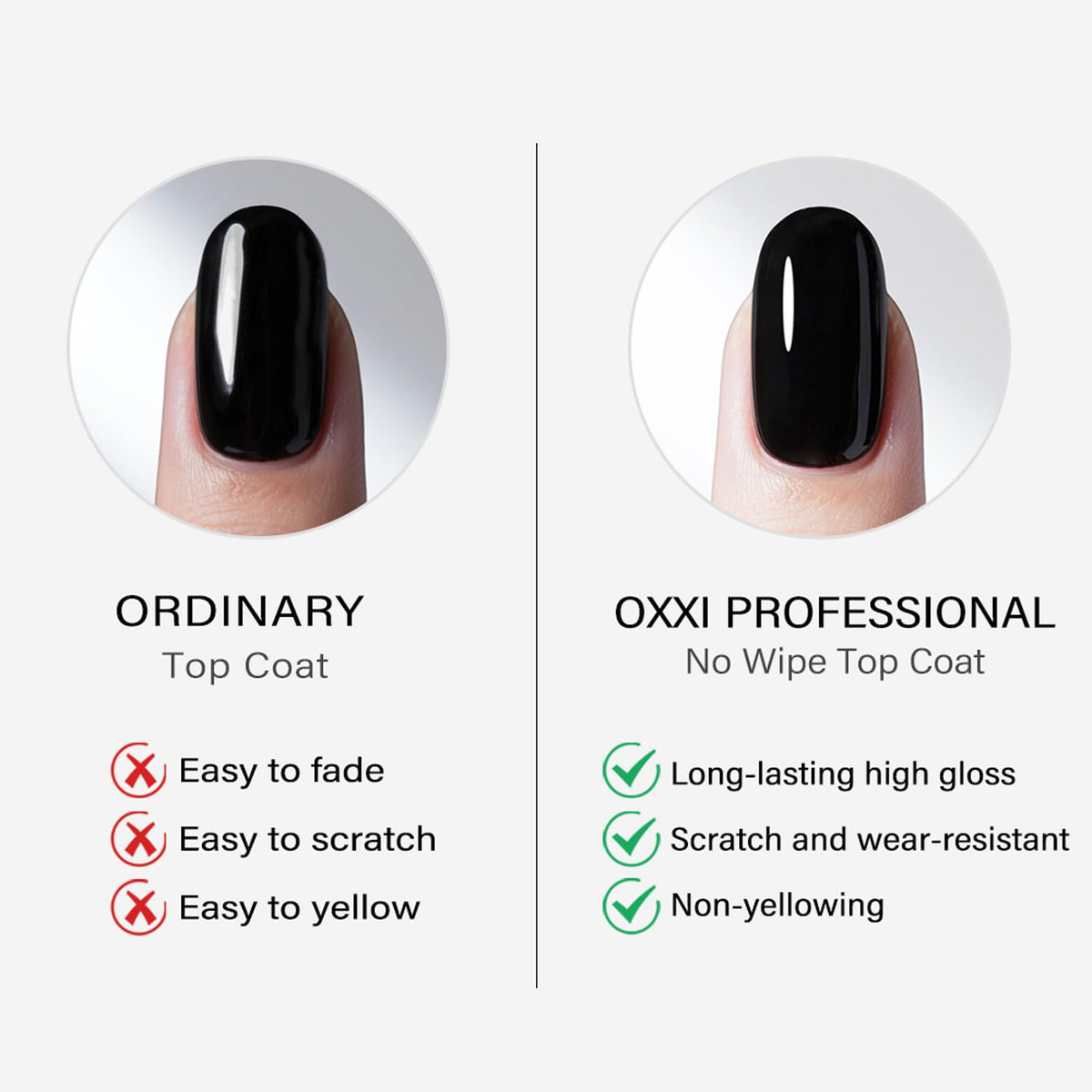 OXXI Professional cured nails top view with high-gloss reflective shine