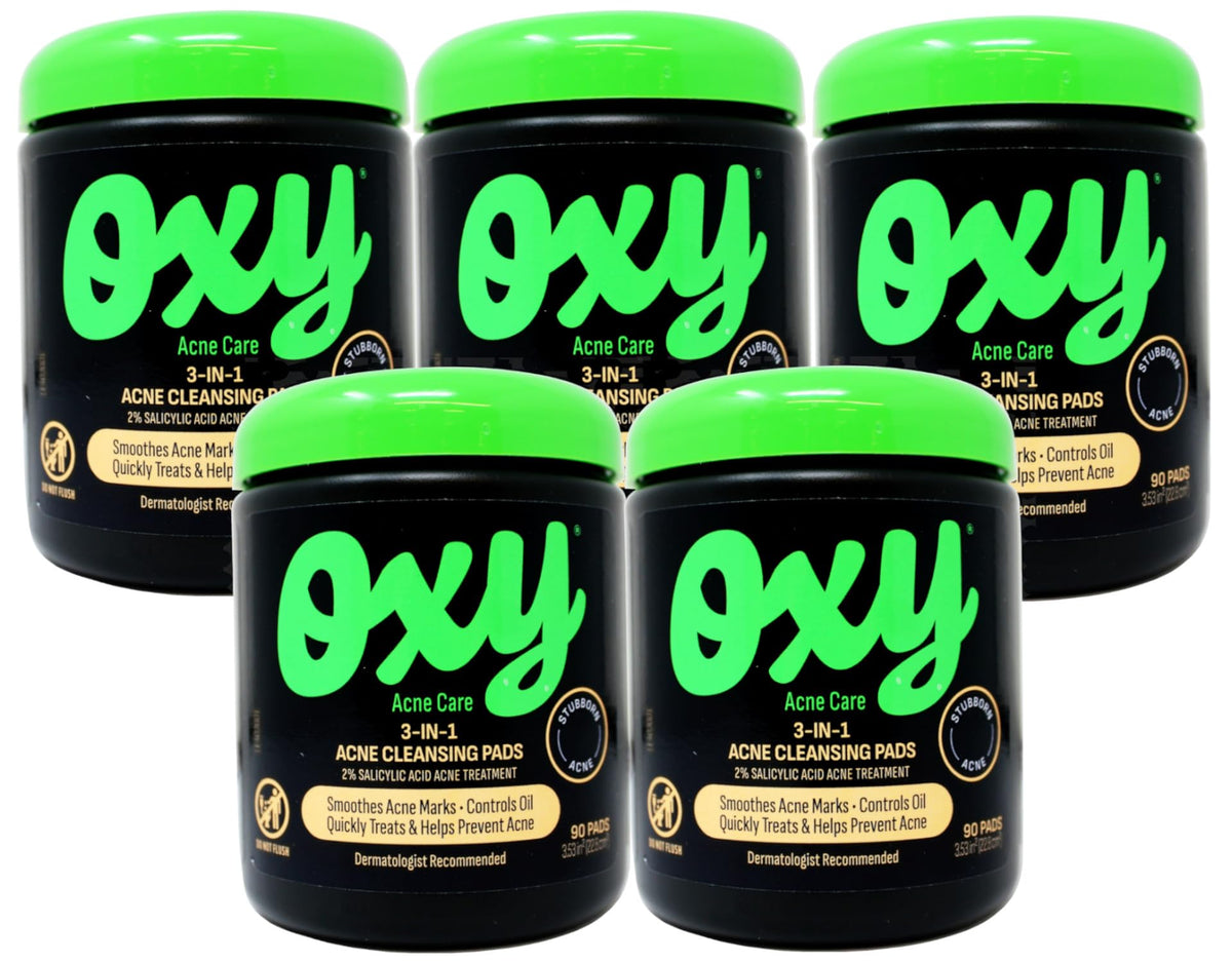 Oxy front packaging showing five tubs and product labeling benefit convenience