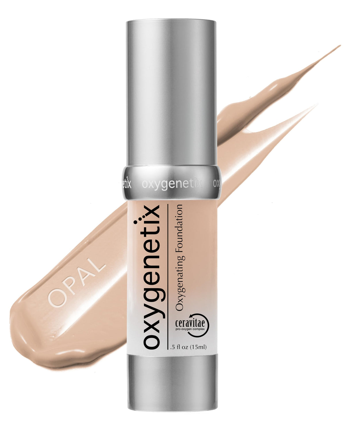 Oxygenetix front packaging showing Opal shade and hygienic pump benefit