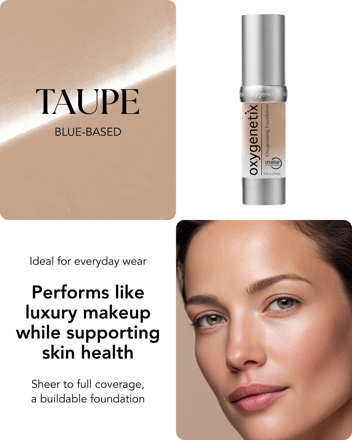 Oxygenetix creamy texture close-up showing blendable, weightless finish benefit
