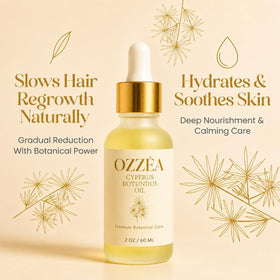 OZZÊA bottle with aloe and jojoba illustrating calming and moisturizing benefit