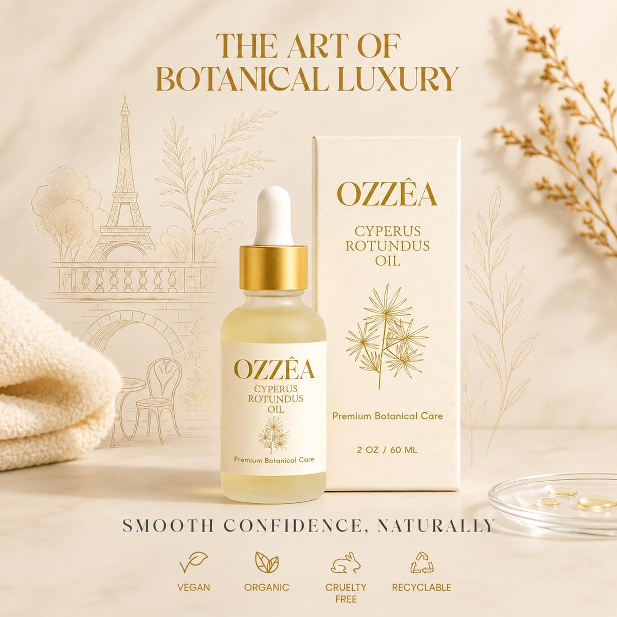 OZZÊA label closeup highlighting Cyperus rotundus and natural ingredients benefit