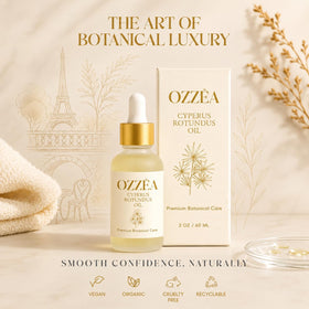 OZZÊA label closeup highlighting Cyperus rotundus and natural ingredients benefit