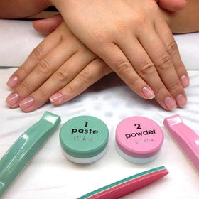 P-Shine powder being applied to seal nails for long-lasting sheen