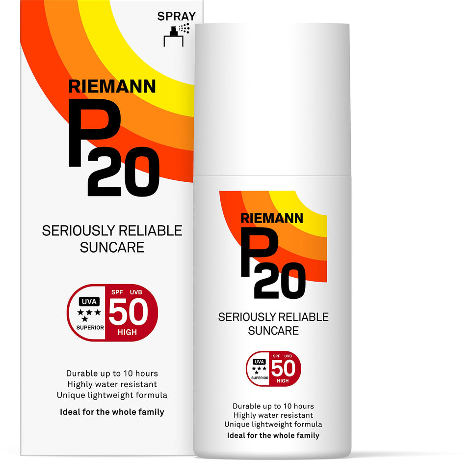 P20 front packaging showing SPF 50 protection and bottle size benefit