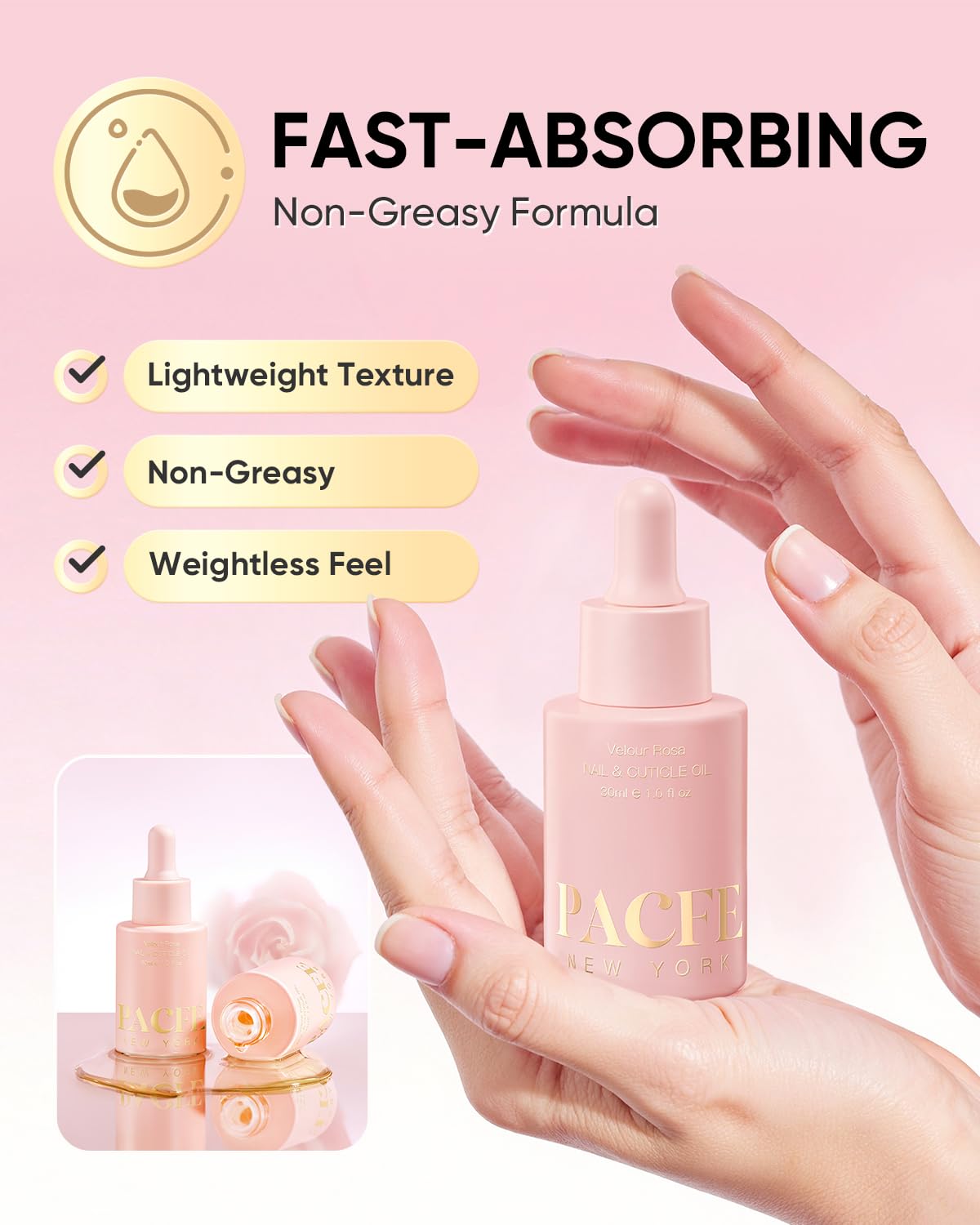Pacfe bottle next to hands showing compact size and travel-friendly benefit