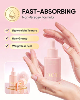 Pacfe bottle next to hands showing compact size and travel-friendly benefit
