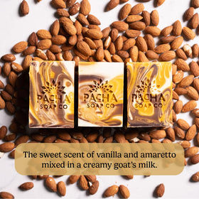 Pacha Soap Co almond goat milk label and ingredient list highlighting natural sourcing