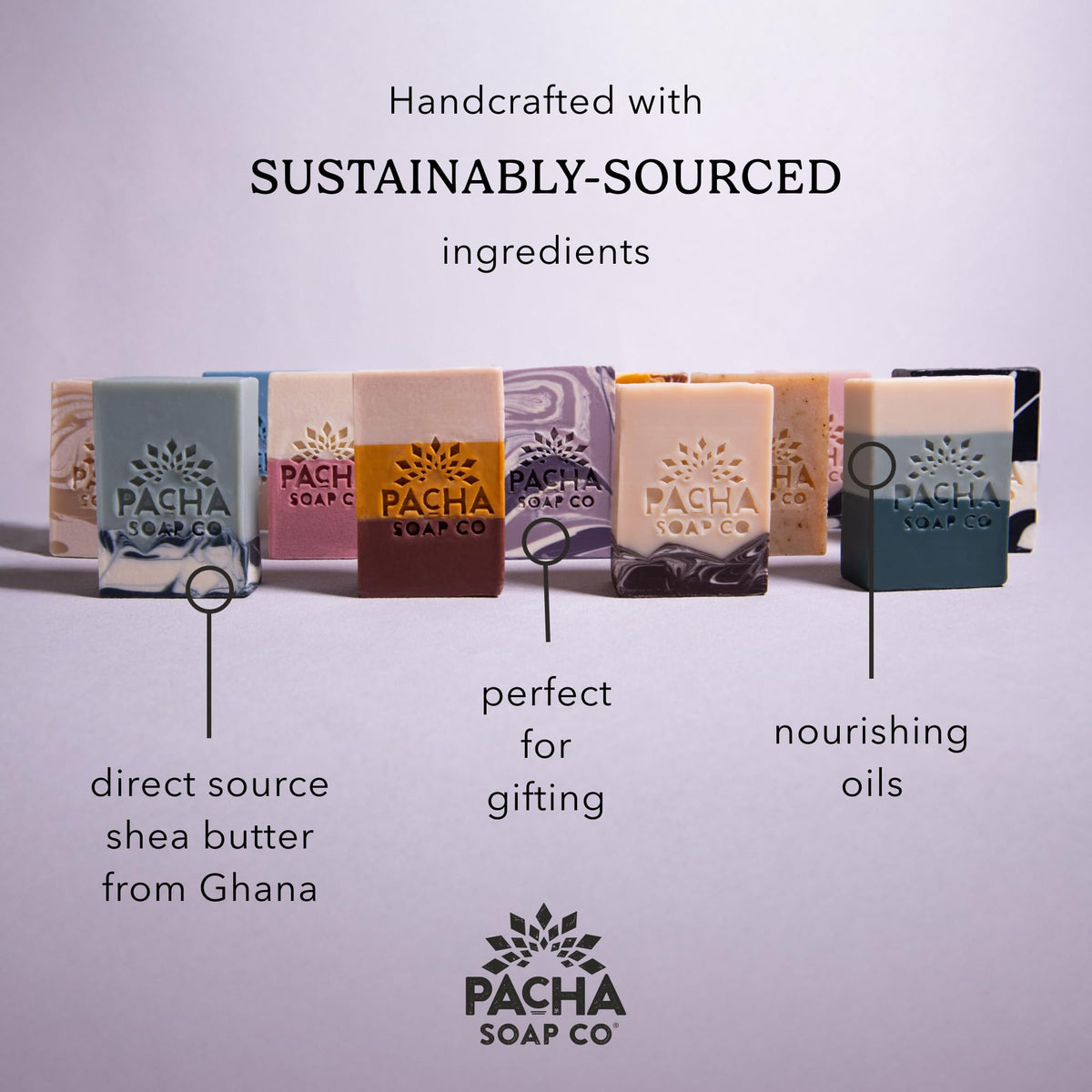 Pacha Soap Co soaps styled in a bathroom scene conveying calming self-care benefit
