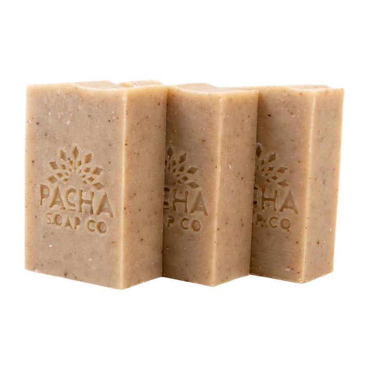 Pacha Soap Co front packaging showing three handcrafted bars and brand name benefit presentation
