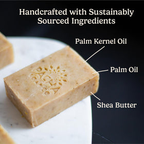 Pacha Soap Co three bars arranged to show variety and handcrafted charm benefit