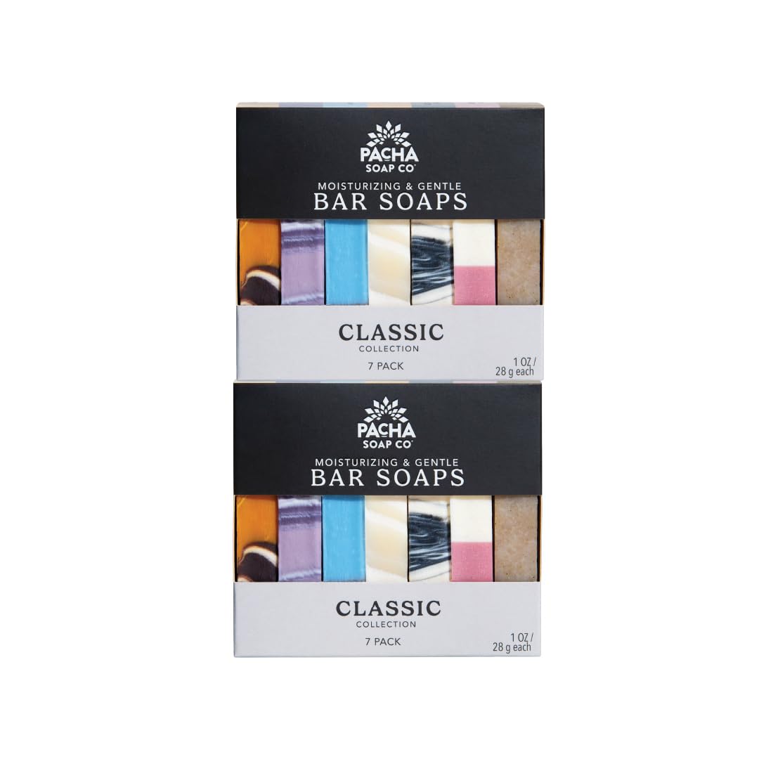 Pacha Soap Co front packaging showing two travel-size bars and clean-branding benefit