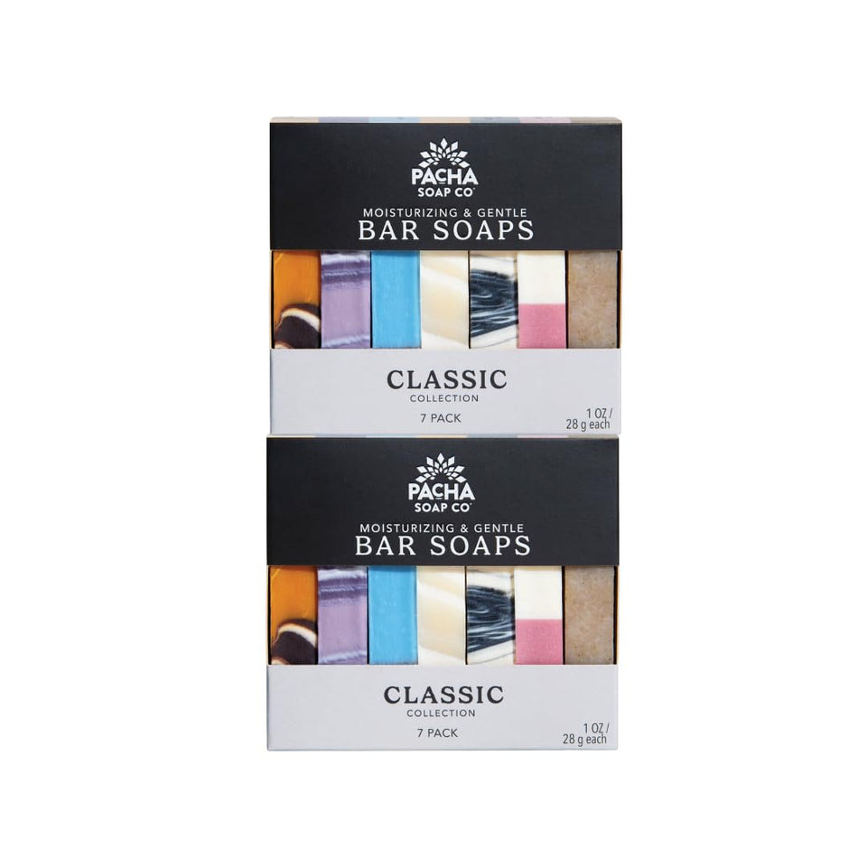 Pacha Soap Co front packaging showing two travel-size bars and clean-branding benefit