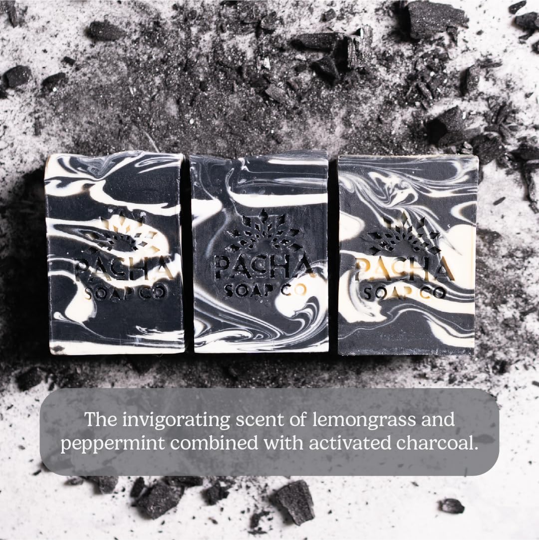 Pacha Soap Co raw ingredients with shea and charcoal highlighting natural sourcing benefit