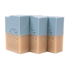Pacha Soap Co front packaging showing three Sand & Sea bars and benefits
