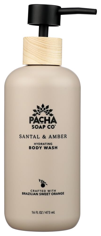 Pacha Soap Co santal & amber front bottle showing label and 16 fl oz size for clear selection benefit