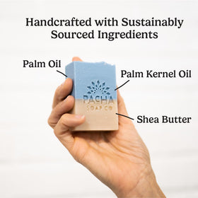 Pacha Soap Co bar next to a coin showing 4 oz size and travel-friendly benefit