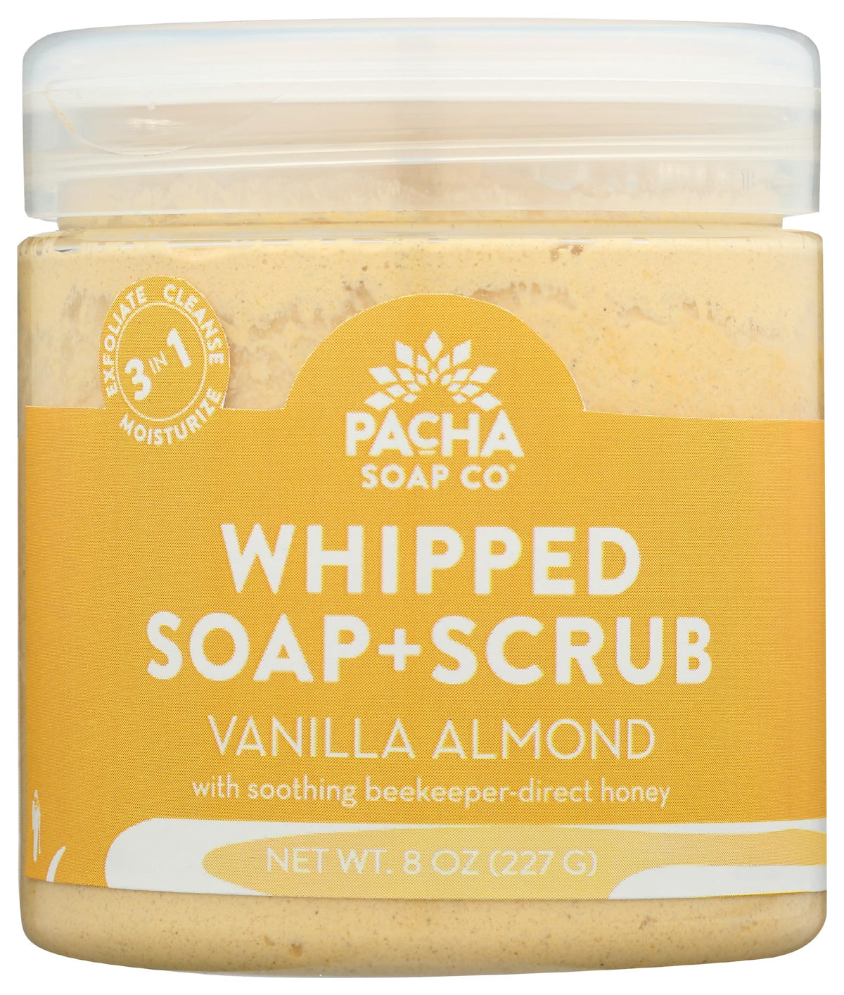 Pacha Soap Co front jar view showing vanilla almond scent and clean design benefit