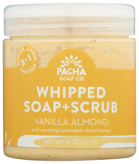 Pacha Soap Co front jar view showing vanilla almond scent and clean design benefit