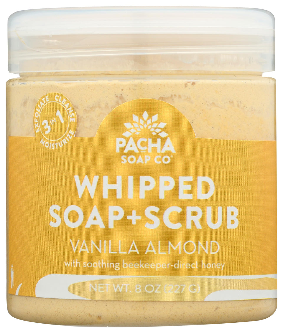Pacha Soap Co front jar view showing vanilla almond scent and clean design benefit