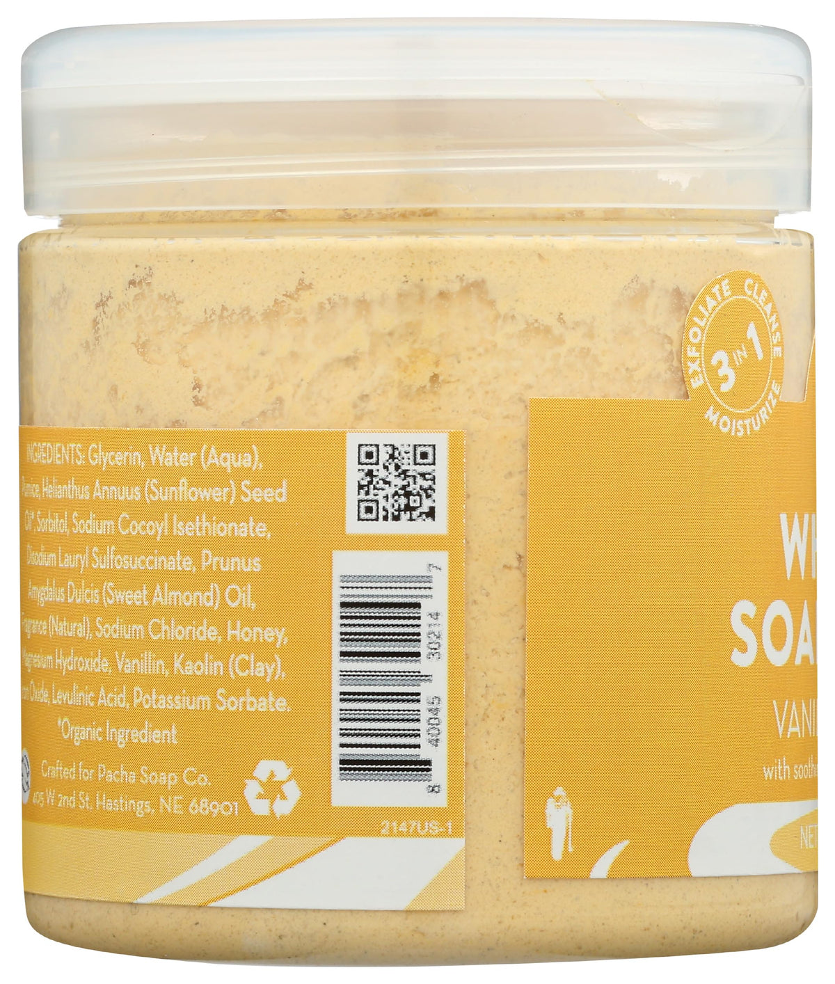 Pacha Soap Co label detail highlighting ingredients and ethical claims benefit