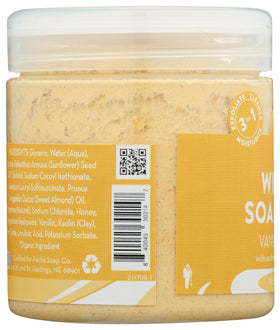 Pacha Soap Co label detail highlighting ingredients and ethical claims benefit