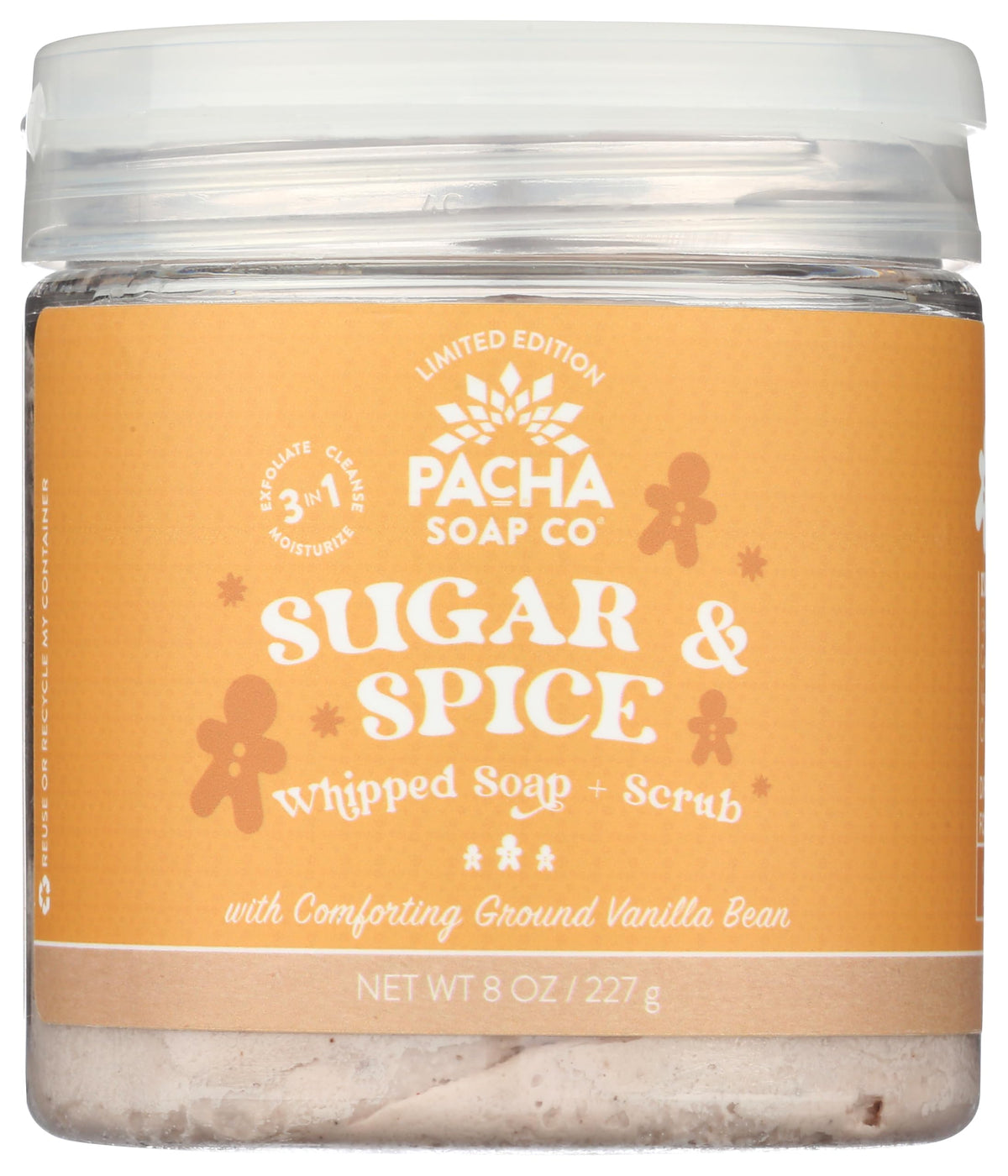 Pacha Soap Co front packaging showing 8 oz jar and warm vanilla-clove scent for comforting cleansing