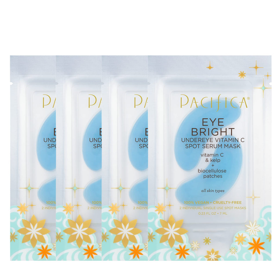 Pacifica front packaging showing four boxed under-eye masks and benefits