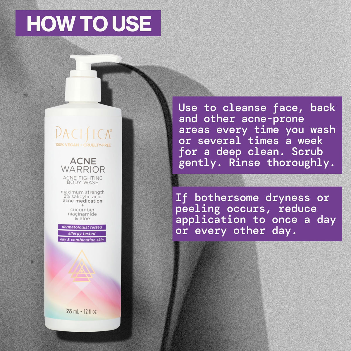 Pacifica Acne Warrior bottle back showing PCR recycled plastic label and eco benefit