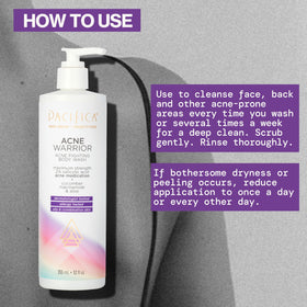 Pacifica Acne Warrior bottle back showing PCR recycled plastic label and eco benefit