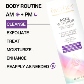 Pacifica Acne Warrior staged in a bathroom shelf setting showing daily routine fit benefit