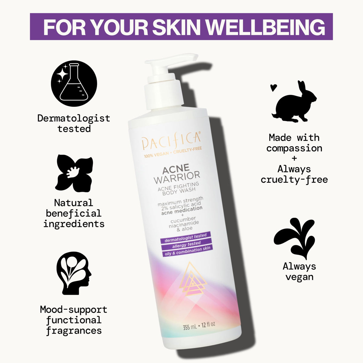 Pacifica Acne Warrior pump dispensing gel highlighting easy one-handed use benefit