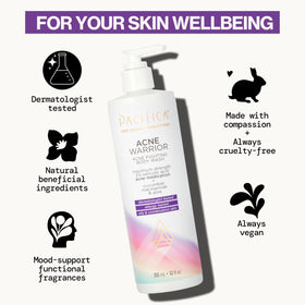 Pacifica Acne Warrior pump dispensing gel highlighting easy one-handed use benefit