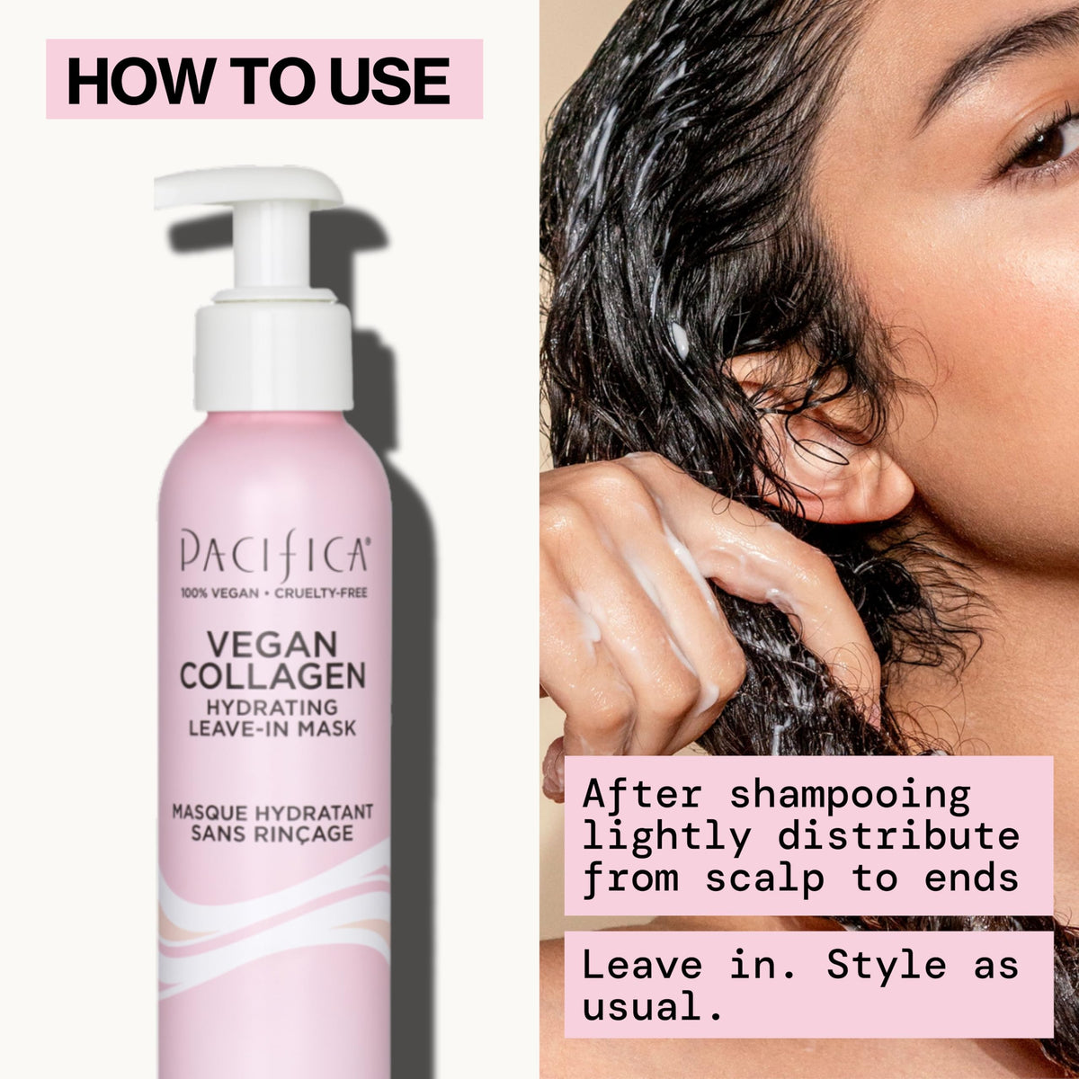 Pacifica applying leave-in mask to damp hair demonstrating detangling and hydration