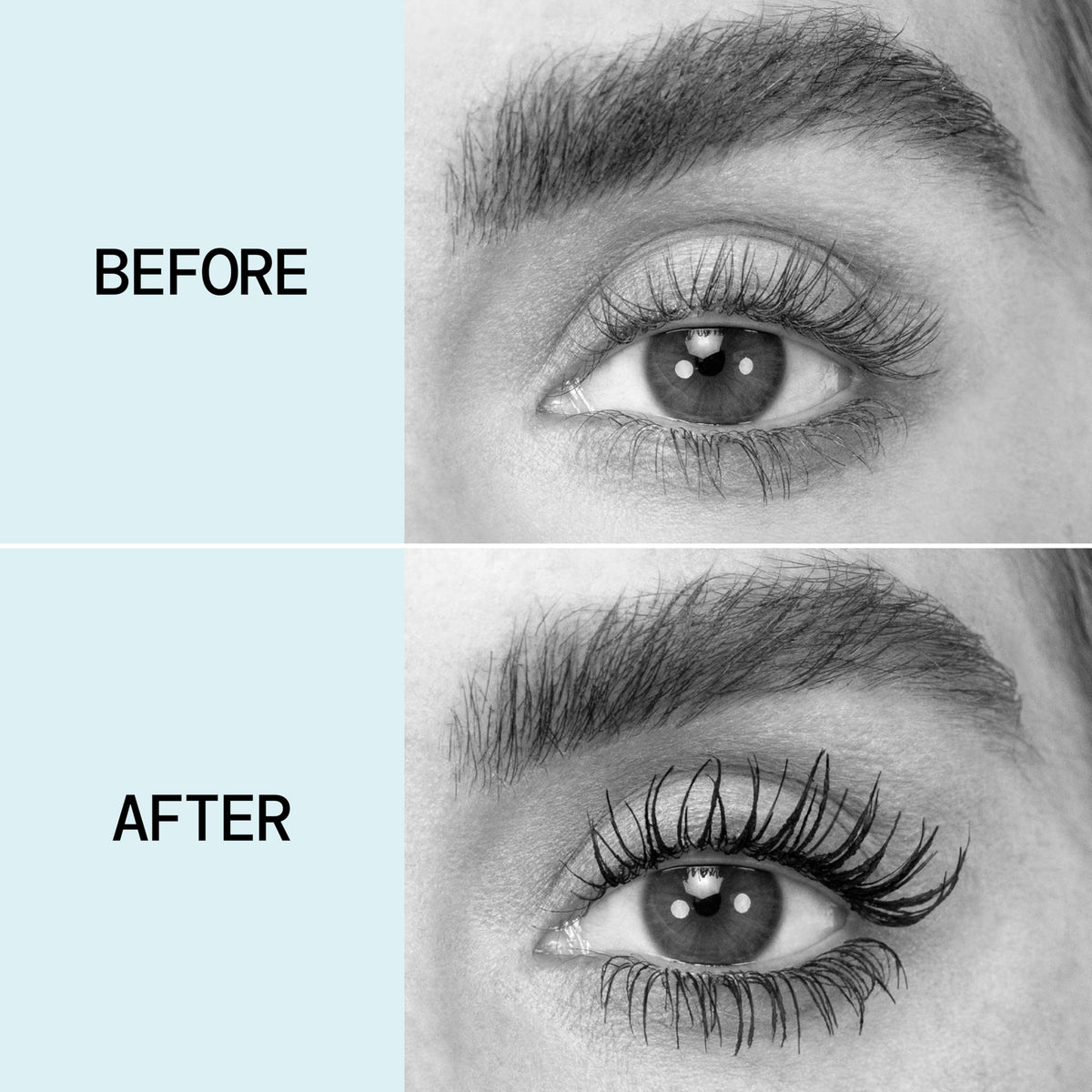 Pacifica before and after lashes side-by-side showing fuller, fluffier lash effect