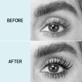 Pacifica before and after lashes side-by-side showing fuller, fluffier lash effect