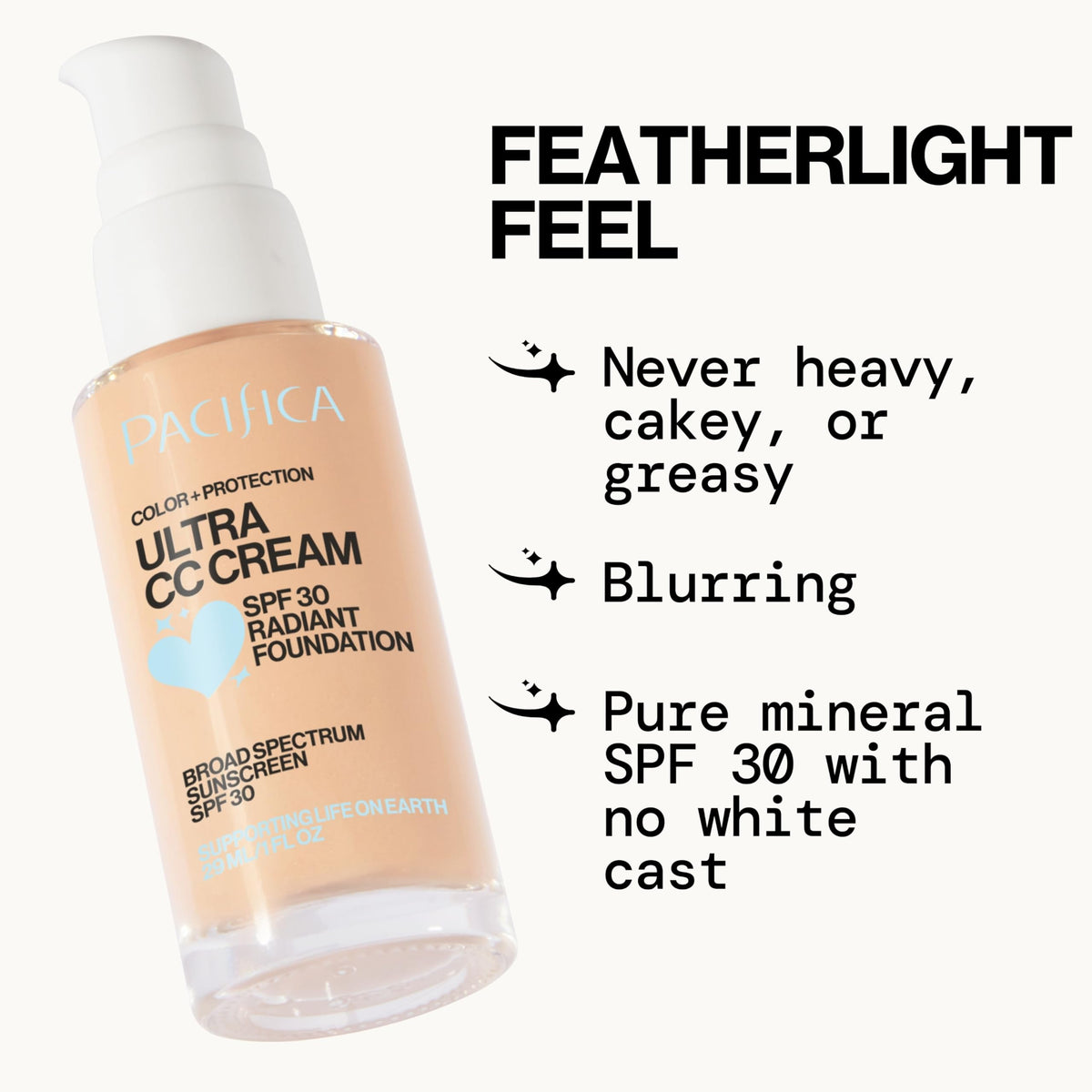 Pacifica CC cream pump and cap detail for easy dispensing benefit