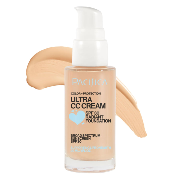 Pacifica CC Cream tube front showing branding and shade, fast flawless coverage