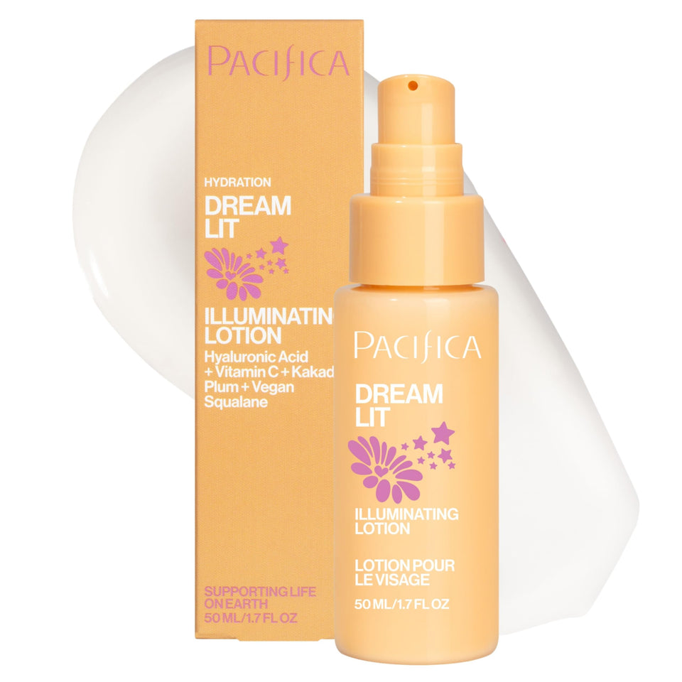 Pacifica Dreamlit front bottle showing compact design and instant glow benefit